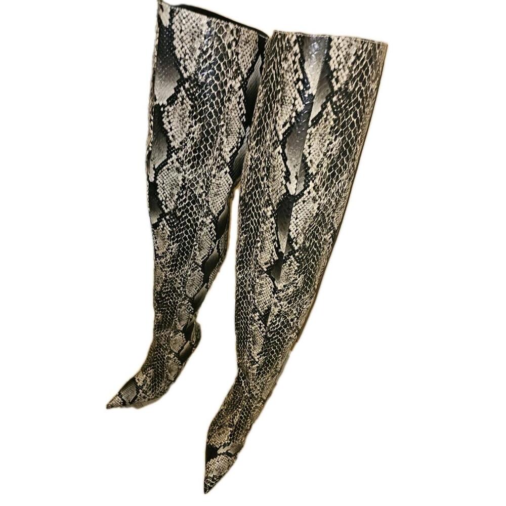 VEIN-T Snakeskin Heeled Boots Manmade Material Zip Sz 8.5 Python Boa Thighhigh